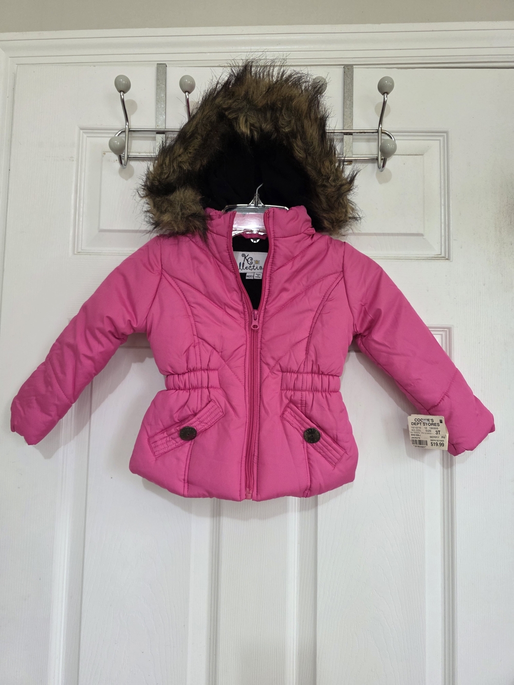 Girls' Bubblegum Pink Puffy Hooded Coat with Faux-Fur Trim